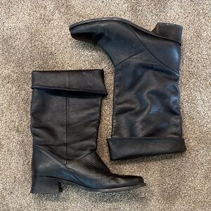 Women’s Black Fold-Over Leather Mid-Calf Boots